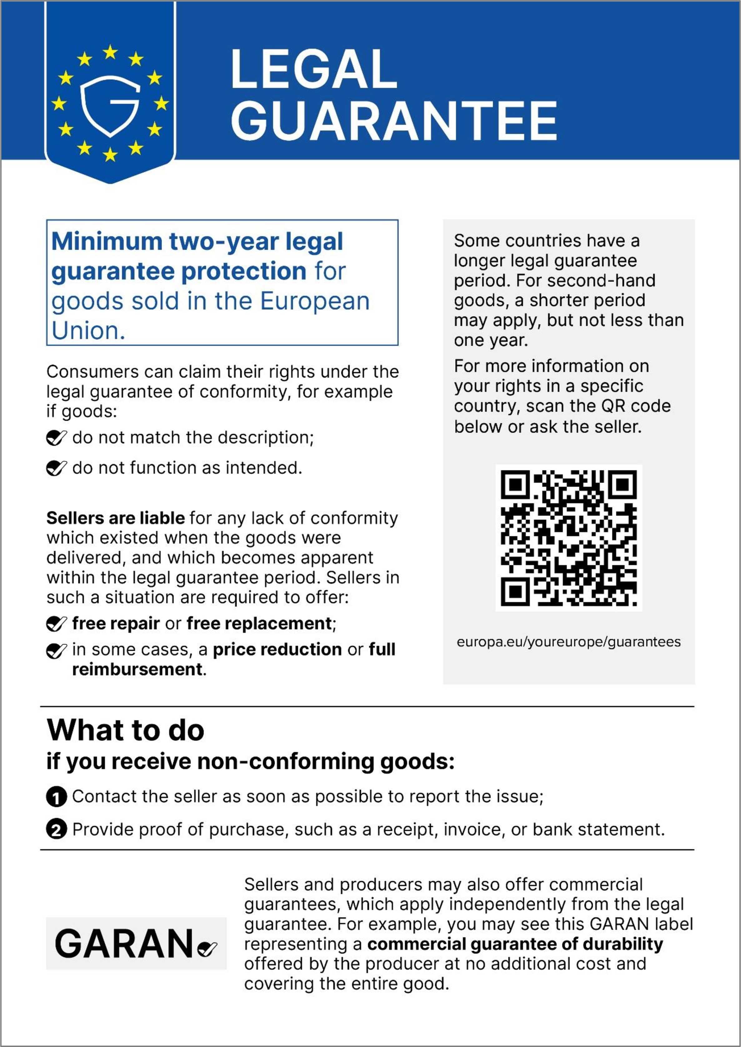 Harmonised notice on the legal guarantee of conformity — a minimum of two years for goods sold in the European Union